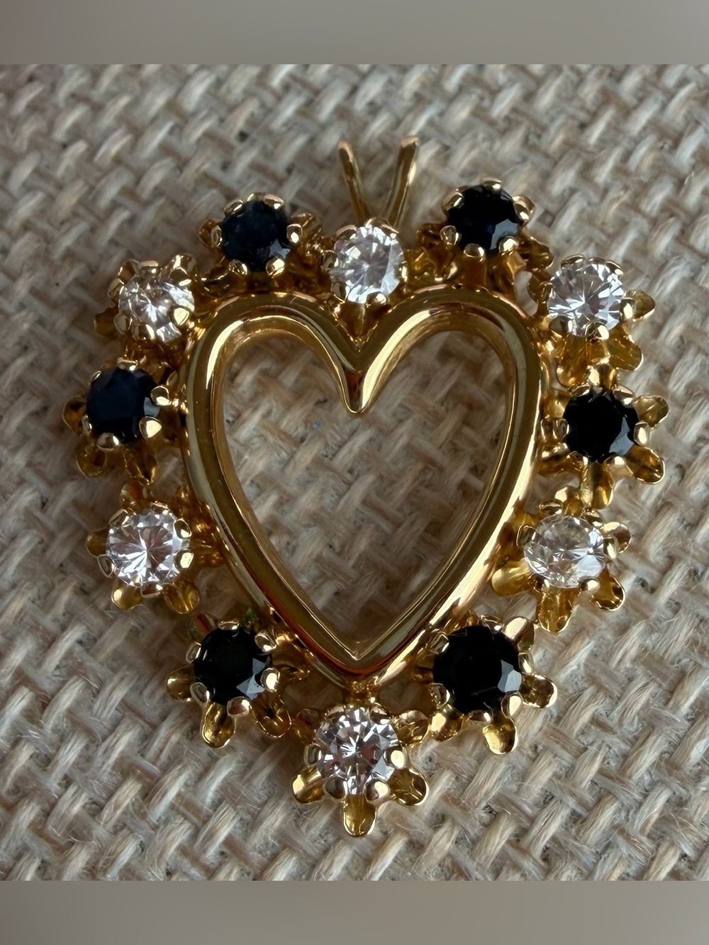 Vintage 80s Gold Tone Faux Sapphire Floral Heart Pendant September Birthstone
